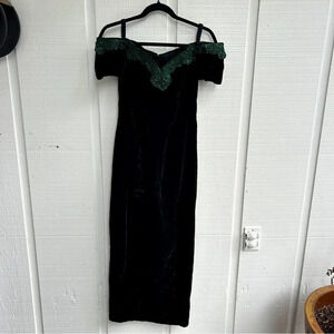 VTG 90s Rampage Velvet Long Maxi Dress Green Off The Shoulder Sparkle Embroidery